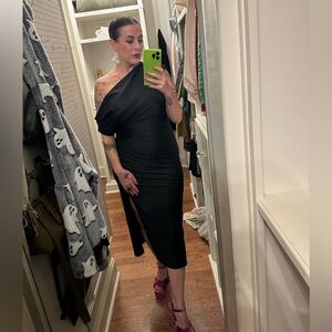 Premier Black One-Shoulder Midi Dress with Side Slit